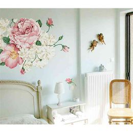 1 unid 60 * 90 cm Pink Peony Vinilo grande Arte de la pared Calcomanías Dormitorio Sala de estar Pegatinas de pared decorativas en las paredes Decoración del baño 210420