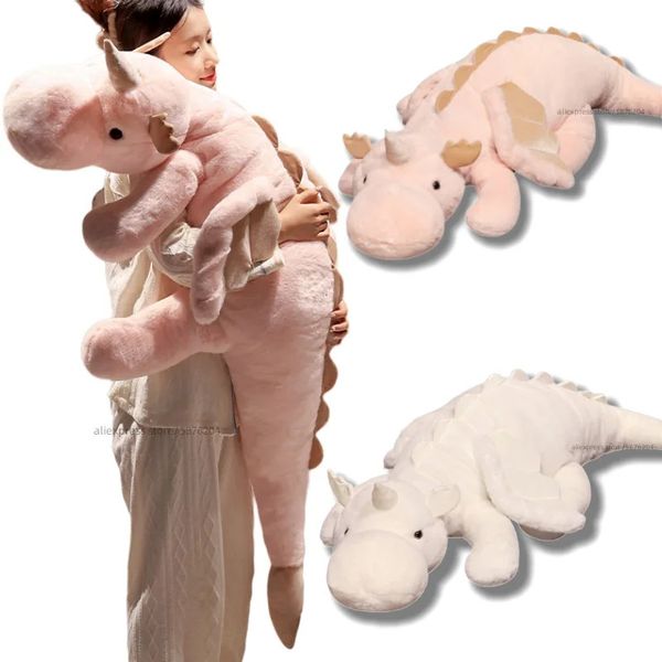 1pc 70-150cm géant blanc dragon en peluche avec corne de licorne ailes volantes dragons dinos câlin oreiller dinos sieste cadeau de couchage 240202