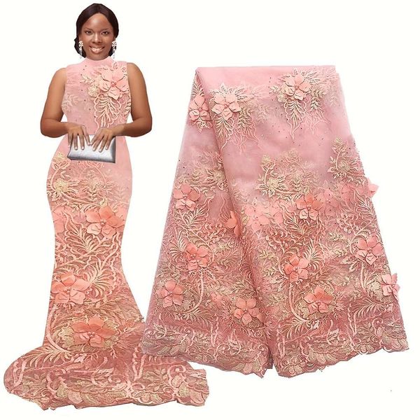 Tela africana de tul con encaje de red francés, bordado 3d de 5 yardas, 1 unidad, 2024 para coser vestidos de fiesta de Navidad y boda