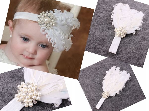 1 pc bébé blanc plumes frisées doux élastique bandeau perle strass pour fille cheveux accessoires nouveau-né baptême bandeau Photo Prop YM6112