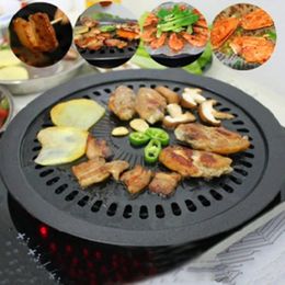 Plato de barbacoa redondo de hierro coreano, plato de parrilla para barbacoa, sin grasa quemada, pícnic al aire libre, juego de sartén antiadherente con soporte, 1 ud.