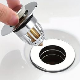 Tapón de desagüe para fregadero de baño de 1 pieza, filtro de tapón de drenaje de rebote de acero inoxidable universal para lavabo tipo empuje de 1,06 "-1,65", colador de fregadero cromado emergente con recogedor de pelo