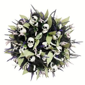 1pc, Zwarte Kwastje Schedel Halloween Krans Voor Voordeur Halloween Decoratie Skelet Halloween Decor Outdoor Indoor Home Party Decor, Halloween Decor, Vakantie Decor