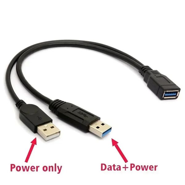 1pc negro USB 3.0 femenino a doble macho USB con datos de potencia adicionales y cable de extensión para cables de hardware de PC de disco duro móvil de 2.5 