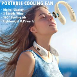 1pc ventilateur de cou sans lame ventilateur de cou suspendu sans vane avec batterie rechargeable intégrée de 2400 mAh, 3 vitesses, affichage numérique, vent silencieux et fort, ventilateur USB pour sports de plein air