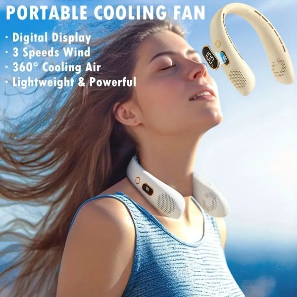 Ventilador de cuello sin aspas de 1 pieza Ventilador de cuello colgante sin aspas con batería recargable incorporada de 2400 mAh, 3 velocidades, pantalla digital, viento silencioso y fuerte, ventilador USB para deportes al aire libre