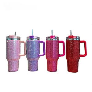 1pc Bling Rhinestone Vaso de 40 oz con tapa de mango Botella termo de paja Taza de acero inoxidable Taza Botella aislada al vacío Mantener frío tt0519