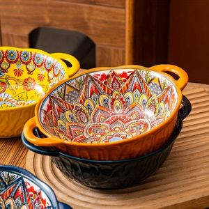 1pc, Bohemian Ceramic Double-Ear Gandle High-Bauty Exotic Instant Noodles Under Glaze Color Relief Soup Bowl, For Home Restaurant Hotel, Kitchen Supplies,