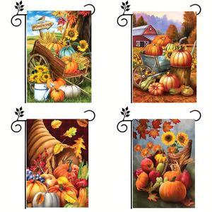 1pc, drapeau de jardin d'automne corne d'abondance abondante, drapeau de jardin double face, fleurs de fruits d'automne citrouilles tournesols arrosoir cour extérieur décorations extérieures