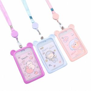 1PC Carto Bear Carte Holder Bank Identity Bus Bus Id Carte Case With Retractable Reel Lanyard Plastic Silice Credit Cover B4O9 #