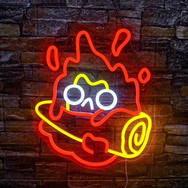 1pc Enseigne au néon à motif de personnage de feu de dessin animé, pour la décoration murale, lumière au néon de fête de club, boutique, chambre à coucher, atmosphère de grotte, lumière au néon LED, lumière suspendue au mur.