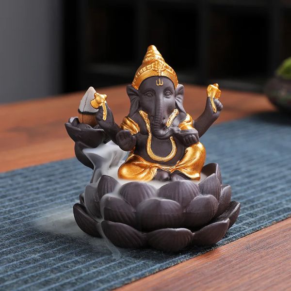 1pc, céramique lotus indien ganesha elephant dieu dieu bouddha statues backflow encens brûleur bouddha encens maintien la décoration intérieure du thé