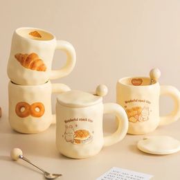 1 -stc keramische mok met lepel en deksel schattige koffie melkbeker cartoon stomen magnetron keukengerei cadeau voor meisjes 240529
