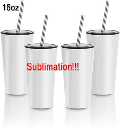 16oz Tapered Sublimation Lege witte tuimelaar roestvrij staal koffie reizen thee wijn mokken met metalen stro en deksel FY5074