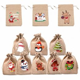 1pc Christmas Linen Burlap Bag Santa Claus Snowman Elk Drawstring Sacs Candy Sacs de rangement Sacs de Noël