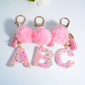 1pc coloré 26 lettres rempli porte-clés avec boule en peluche rose A à Z initiales porte-clés pour femmes sac ornements cadeau