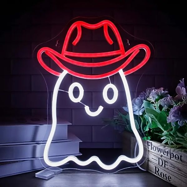 Sinal de néon fantasma de cowboy de 1 unidade, lindo sinal de fantasma de cowboy de Halloween LED arte de parede com luz de néon, fácil de pendurar e brilho ajustável, alimentado por USB para quarto homem caverna