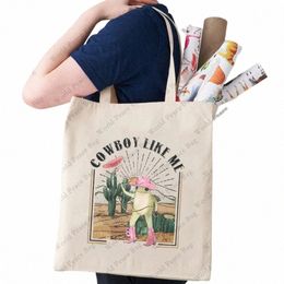 1pc Cowboy Like Me Cowboy Kikker patroonTote Bag Canvas schoudertas Voor reizen Dagelijks woon-werkverkeer Dames Herbruikbare winkeltas Beste G B2wT #