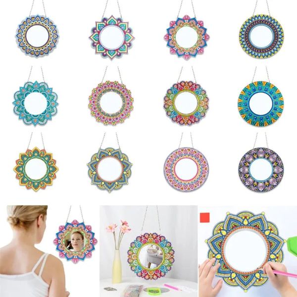 1 UNID Manualidades Diy Diamante Pintura Espejo Mandala Patrón Rhinestone Bordado Mosaico Maquillaje Espejo Colgante de Pared Adorno Decoración Regalo para Niña G0712