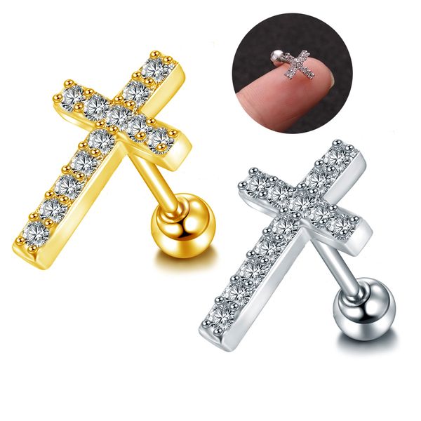 Boucle d'oreille en forme de croix pour Cartilage, zircone cubique, Helix Tragus conque, vis arrière, Piercing, bijoux, 1 pièce