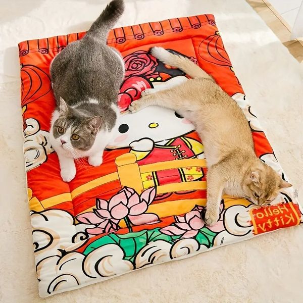 1 cama bonita para mascotas, manta cálida con dibujos de perros y gatos, alfombra suave para mascotas de estilo chino, cojín