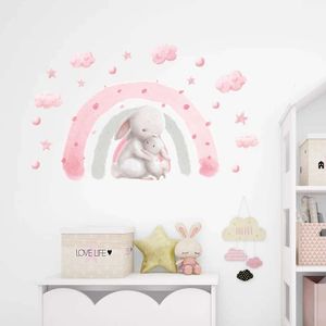 Autocollant mural lapin arc-en-ciel rose, 1 pièce, mignon, pour chambre d'enfants, chambre à coucher, décoration de maison, décor mural