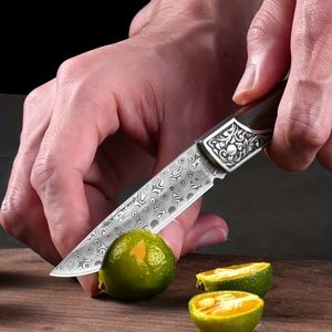 1 couteau à fruits en acier damas, couteau à éplucher les fruits de melon multifonctionnel, couteau de poche pliant portable de haute dureté pour l'extérieur