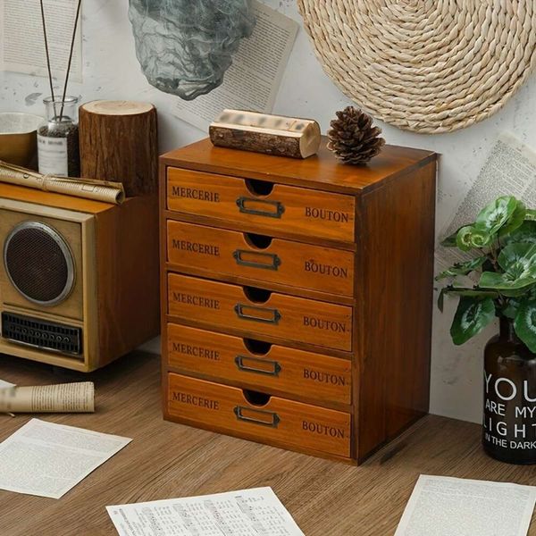 1pc tiroirs en bois cinq couches tiroir dortoir bureau rétro boîte petit comptoir de rangement et d'organisation armoire chambre bureau décor