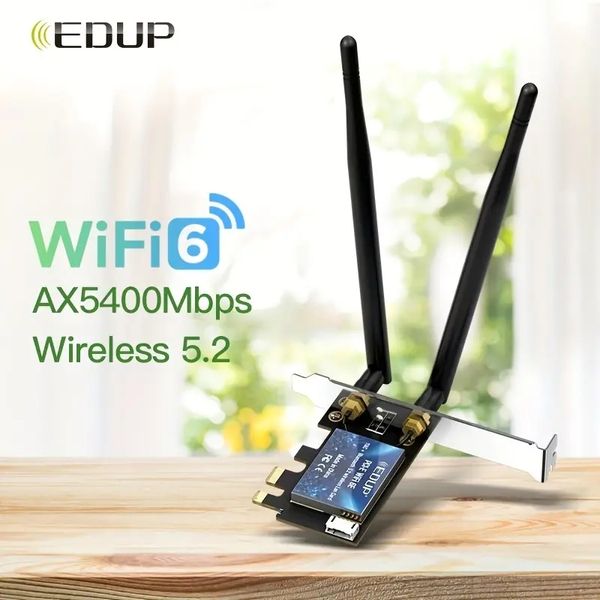 1PC Carte WiFi EDUP Wi-fi 6E BT 5.2 Tri-bande AX210 PCIE Carte adaptateur WiFi sans fil 6 GHz/5 GHz/2,4 GHz Mu-mimo Latence ultra-faible pour PC de bureau Windows 10/11 64 bits (Modèle EP-9651)