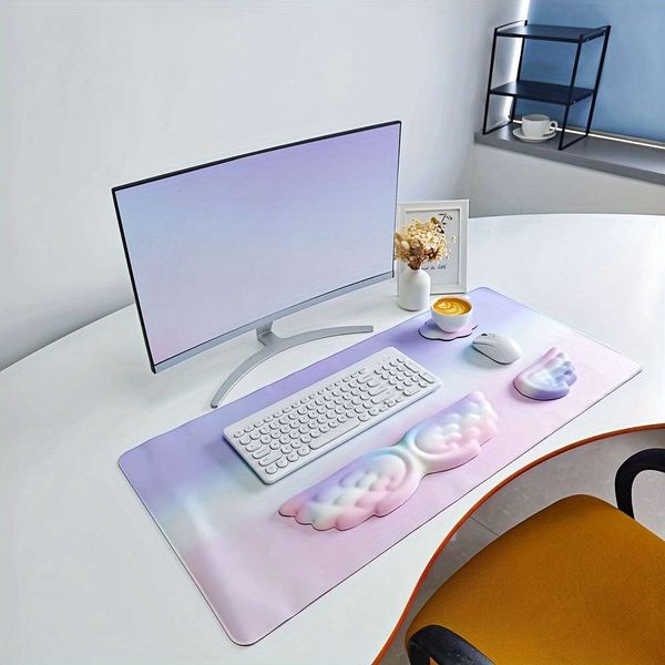 1 ensemble de tapis de souris de jeu supplémentaire, 4 en 1 XXL grand + repose-clavier + repose-poignet de souris + dessous de verre, tapis de bureau au design ergonomique pour bureau, maison, ordinateur portable, violet rose