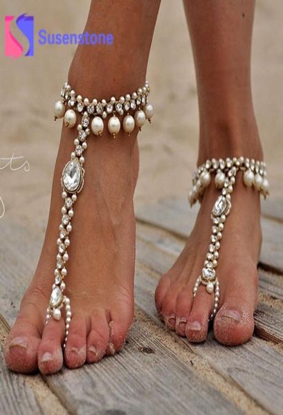 1 pieza de moda para chicas, cuentas de cristal sexis, tobilleras de cadena con cuentas, pulsera para mujer, sandalias descalzas de oro plateado, joyería para pies de boda en la playa6635577