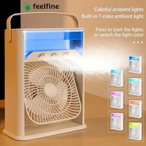 Humidificador enfriador de aire Feelfine de 1 pieza, ventilador enfriador de aire de enfriamiento portátil con 3 velocidades de viento y luz de 7 colores ajustable USB recargable silencioso ventilador de escritorio rápido