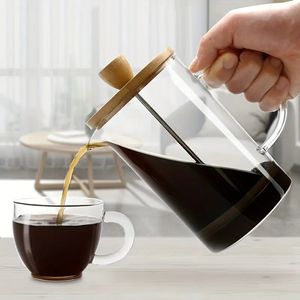 1pc French Press, 20.2oz, Hittebestendig Dik Glas, Bamboe Houten Deksel 304 RVS Borosilicaatglas French Press, Cold Brew Koffiezetapparaat