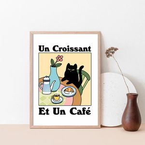 1 pc grappige kattenbloem eettafel croissant et café poster muur kunst canvas schilderij print fotogalerij woonkamer huisdecor 240424