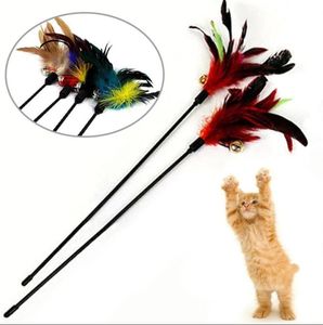 1 pc grappige kat speelgoedkitten teaser stick met dubbele klokken interactieve veer Pet Play Rod Puppy Draad Chaser Wand Pet Pet Supplies C0610G012