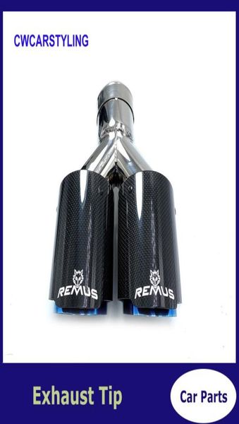 Silenciador de doble punta de acero inoxidable azul carbono recto brillante, extremo de tubo de escape medio de cola de igual longitud con Logo Remu 9245125, 1 ud.