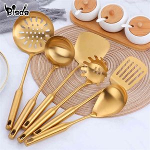 1pc Gold Kitchenware Set Long Poignée Outils de cuisson Métal Polonais Slotted Turner Accessoires de cuisine en acier inoxydable Ustensile 210326