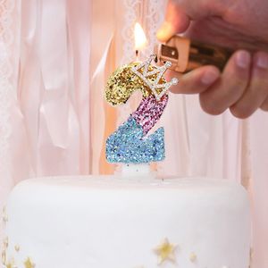 1pc Gold Pink Crown Birthday Party Numéro Bougies Glitter Cougie pour les enfants Girls Garçons Cake Topper Insert Insert Decorations 2 Styles