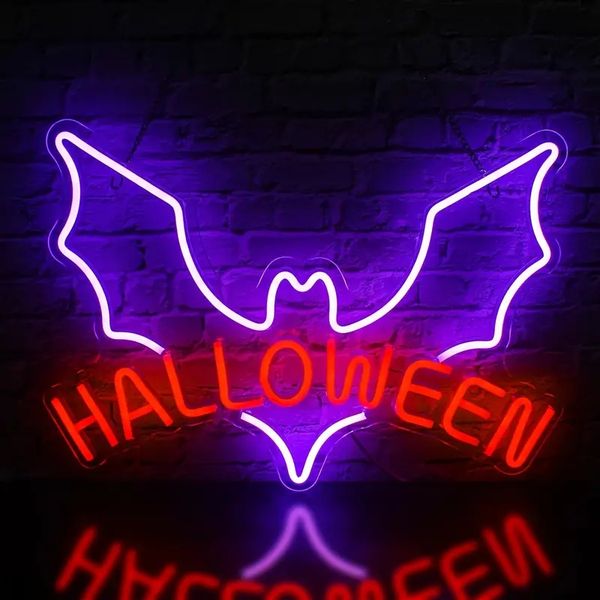 1pc Halloween Bat Neon Signs, LED Neon Lights pour la décoration murale, lettres alimentées par USB, signe décoratif au néon, pour la décoration d'Halloween, décorations de fête de la grotte de l'homme de la chambre à coucher