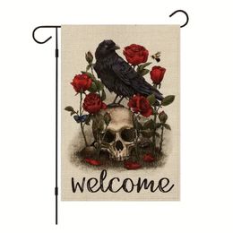 1pc, Halloween Dark Garden Flag Linnen 12 * 18in Rose Skull Crow Welcome Banner Yard Decoration Banner