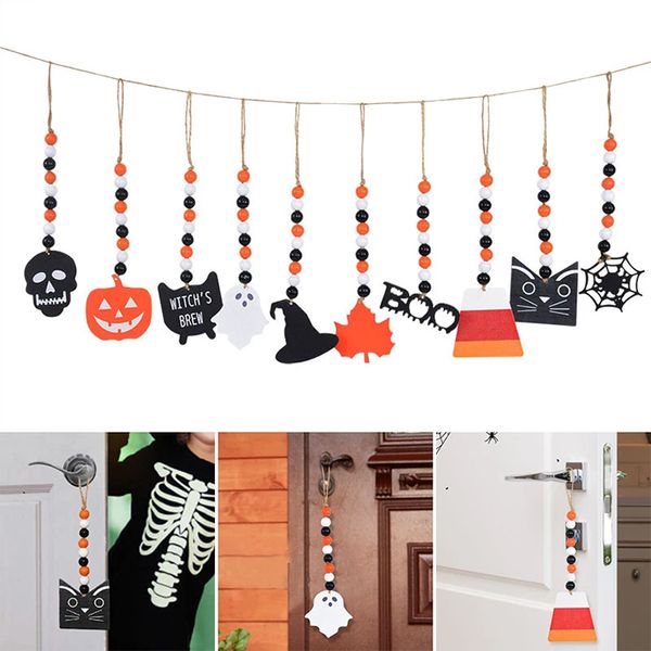 1pc Halloween décor perles en bois guirlande citrouille fantôme crâne puce de bois pendentif Halloween fête décoration pour la maison rustique suspendu ornement