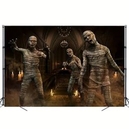 1pc Tissu de fond de photographie sur le thème de la momie d'horreur d'Halloween, bannière de fond sur le thème du fantôme de zombie hanté, tissu de décoration d'accessoires sans couture