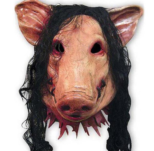 1pc Halloween Mask effrayant cosplay costume Latex Fournitures de vacances Halloween Mask Saw Pig Head Masques effrayants avec Hair2302665