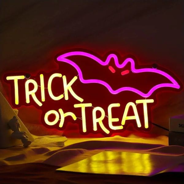 1 enseigne au néon d'Halloween, enseignes au néon Trick Or Treat, pour décoration murale à intensité variable à suspendre pour Halloween, pour la maison, le bar, le salon, les magasins de café, la fenêtre, le porche, la porte d'entrée