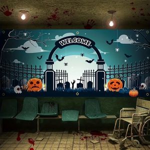 1pc, Happy Halloween Garagebanner (157in*71in/400cm*180cm) Scary Yard Pompoen Patroon Garagedeur Decoratie, Polyester Met Gaten Met Touw Hangende Doek Muurschildering Deur