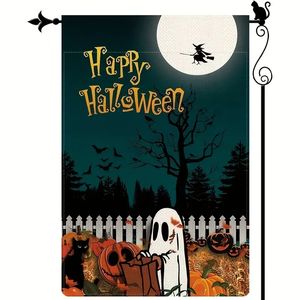 1 pc, Happy Halloween Jardin Drapeau Sorcière Pleine Lune Jardin Drapeau Fantôme Vertical Double Face Rustique Terres Agricoles Toile De Jute Cour Pelouse Décor Extérieur