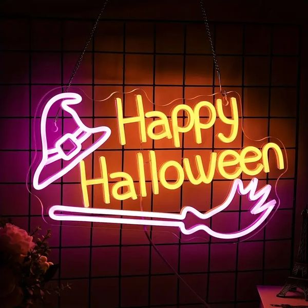 1pc Happy Halloween Néon Signe Lumière, Chapeau De Sorcière Néon Intensité Variable Balai Led Décoration Murale Néons, Décorations D'Halloween Pour La Maison Salle De Fête Effrayante, Alimenté Par USB