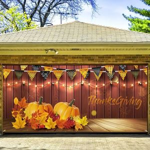 1pc, Happy Thanksgiving Garagebanner Oogstscène Oplichtende Lichtslingers Patroon Garagedeur Decoratie, Polyester Met Gaten Met Touw Hangende Doek Muurschildering Deur