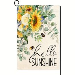 1 pc, Hello Sunshine Tournesol Jardin Drapeau Double Face 12 x 18 Pouces, Printemps Été Tournesol Eucalyptus Feuilles Abeille Yard Drapeau Toile De Jute Vertical Saisonnier