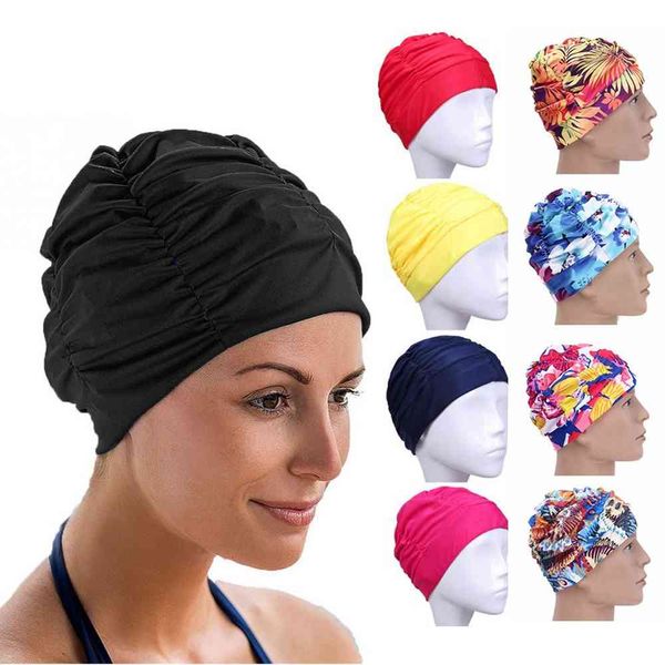 Gorro de natación de alta elasticidad para mujer, turbante de nailon con estampado de flores, gorros de baño para piscina, gorro de baño protector de pelo largo, 1 ud.